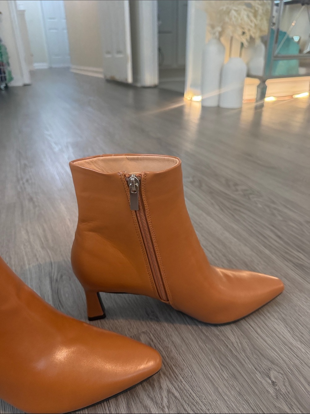 Amazon Women's Cognac Pointed Toe Ankle Boots with Mid Heel